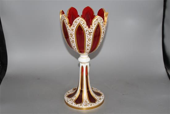 A 19th century Bohemian overlaid ruby glass goblet vase, height 32cm